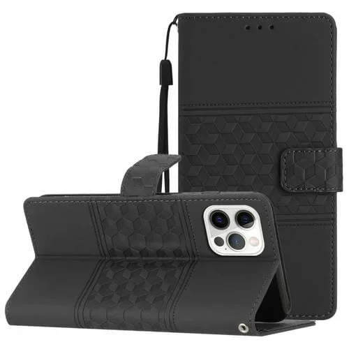 Funda de Cuero para Teléfono iPhone 12 Pro Max con Tacto de Piel En Relieve y Cordón (Negro)