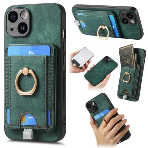 Funda de Cuero para Teléfono iPhone 13 con Bolsa para Tarjeta Magnética Divisible Retro (Verde)