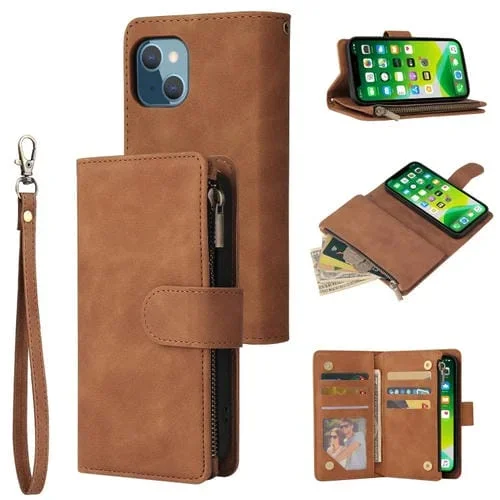 Funda de Cuero para Teléfono iPhone 13 Mini Multifuncional con Ranura para Tarjeta Soporte Billetera Cremallera Marco de Fotos (Brown)