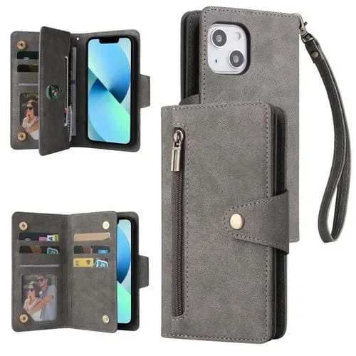 Funda de Cuero para Teléfono iPhone 13 Mini Rivet Buckle 9 Cards Tres Pliegues (Gris)