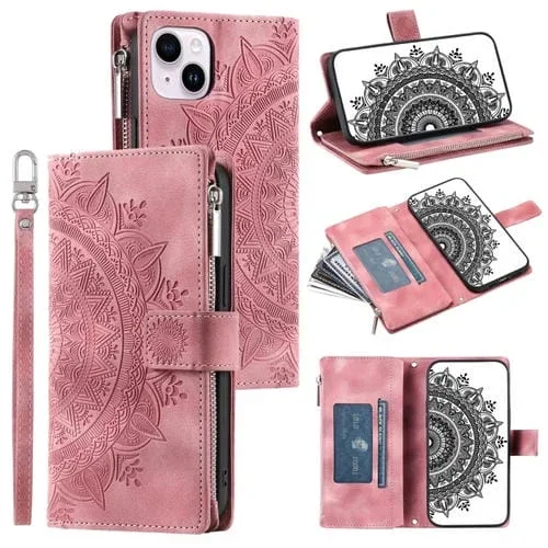 Funda de Cuero para Teléfono iPhone 14 con Cremallera Totem y Múltiples Tarjetas (Rosa)