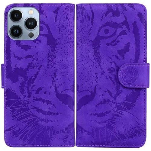 Funda de Cuero para Teléfono iPhone 14 Pro Max Tiger Embossing Pattern (Púrpura)