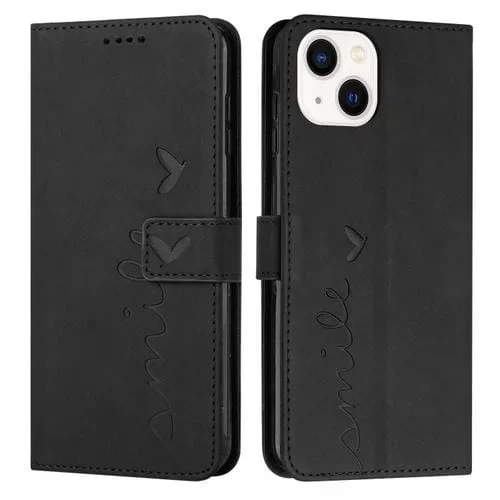 Funda de Cuero para Teléfono iPhone 15 Plus Skin Feel Heart Pattern (Negro)