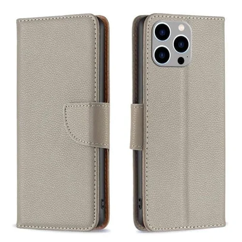 Funda de Cuero para Teléfono iPhone 15 Pro Max Litchi Texture Flip (Gris)