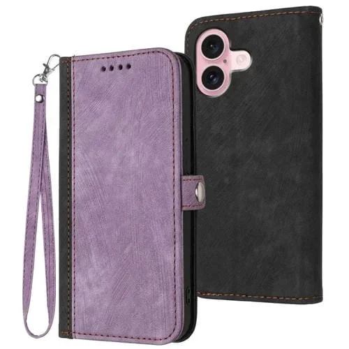 Funda de Cuero para Teléfono iPhone 16 con Correa de Mano Doble Pliegue y Hebilla Lateral (Púrpura)
