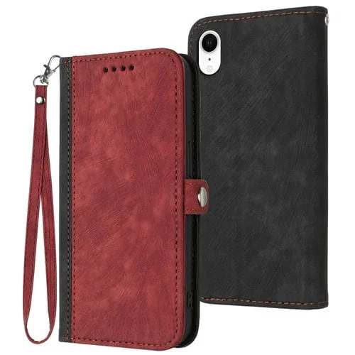 Funda de Cuero para Teléfono iPhone Xr Hebilla Lateral Doble Pliegue Correa de Mano (Rojo)
