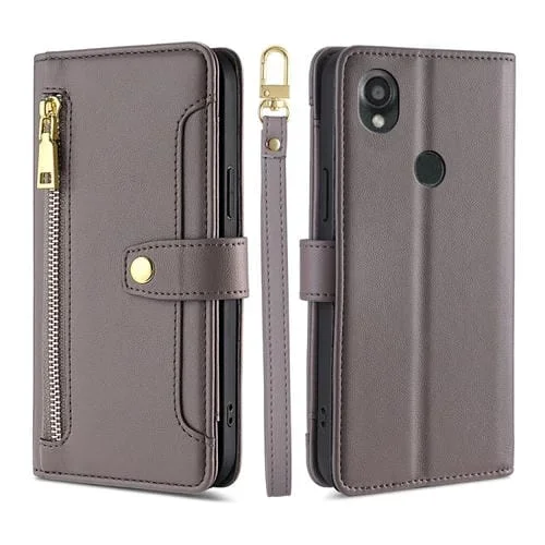 Funda de Cuero para Teléfono Kyocera Digno Sx3-Kyg02 Sheep Texture Cross-Body Zipper Wallet (Gris)