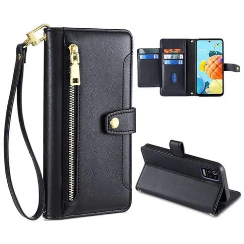 Funda de Cuero para Teléfono LG K52 Sheep Texture Cross-Body Zipper Wallet (Negro)