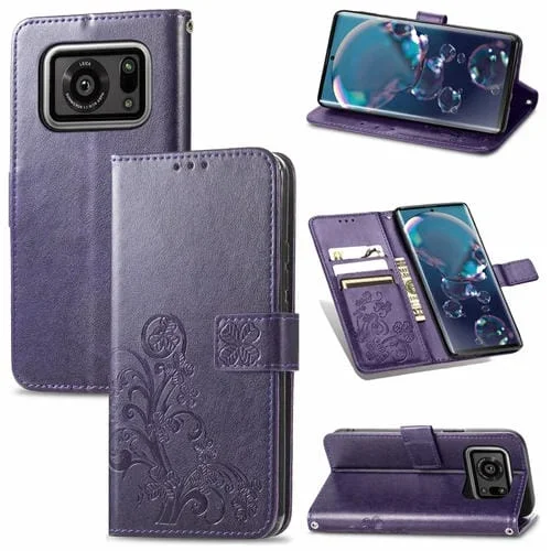 Funda de Cuero para Teléfono Móvil con Hebilla de Cuatro Hojas y Cordón (Púrpura)