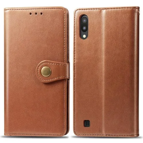 Funda de Cuero para Teléfono Móvil Galaxy M10 Protección con Hebilla Marco Fotos Ranura Tarjeta Billetera Soporte (Marrón)