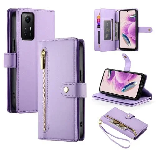 Funda de Cuero para Teléfono Redmi Note 11S 4G con Nueve Ranuras para Tarjetas y Cremallera (Morado)