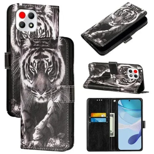 Funda de Cuero para Teléfono T-Mobile Revvl 7 5G con Diseño Tigre (Blanco y Negro)
