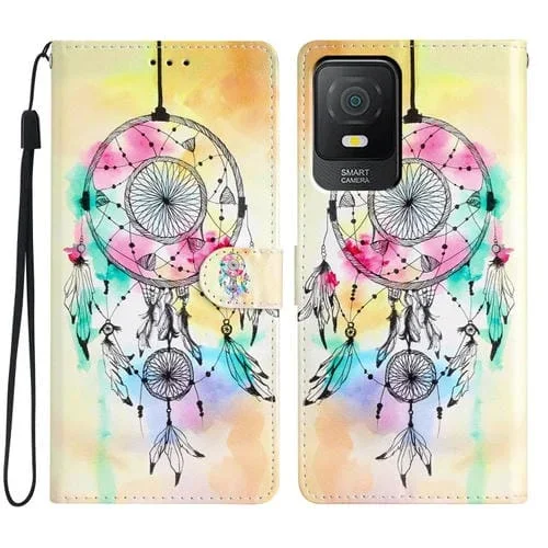Funda de Cuero para Teléfono TCL 403 con Dibujo Coloreado Atrapasueños