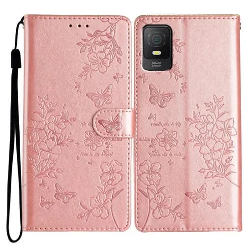 Funda de Cuero para Teléfono TCL 403 con Relieve de Mariposa y Flor (Oro Rosa)