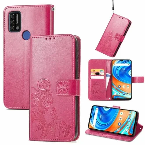 Funda de Cuero para Umidigi A9 con Cierre de Cuatro Hojas, Hebilla en Relieve, Ranura, Billetera y Soporte (Magenta)