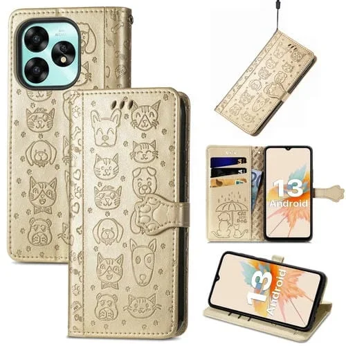 Funda de Cuero para Umidigi G3 G3 Max G3 Plus con Relieve Perros y Gatos (Dorado)