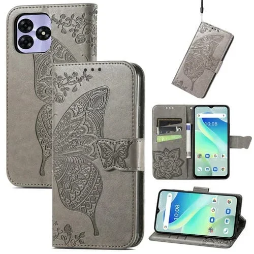 Funda de Cuero para Umidigi G5 Butterfly Love Flower con Relieve (Gris)