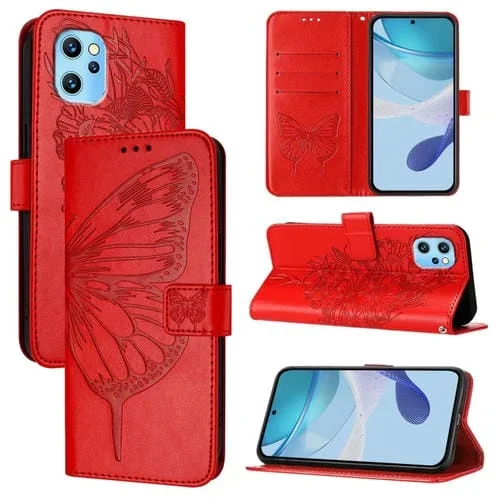 Funda de Cuero para Umidigi Power 7 Max con Diseño de Mariposa En Relieve (Roja)