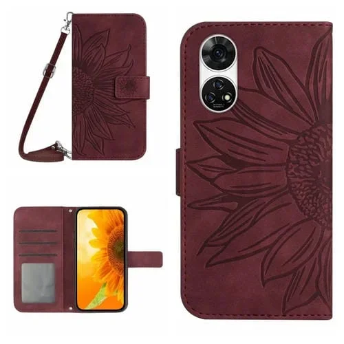 Funda de Cuero para ZTE Anshin Family A303Zt con Cordón y Diseño Sun Flower (Rojo Vino)