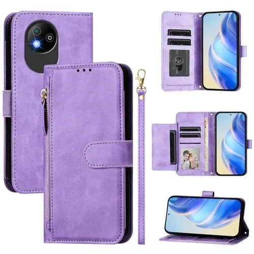 Funda de Cuero para ZTE Blade A35 Lite/A35 Core con Cremallera y Ranuras para Tarjetas (Morado)