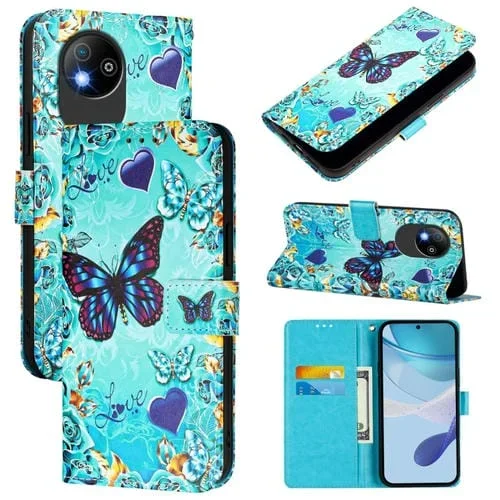 Funda de Cuero para ZTE Blade A35 Lite/A35 Core Diseño Dibujos Colores Tejido Liso (Mariposa de Amor)