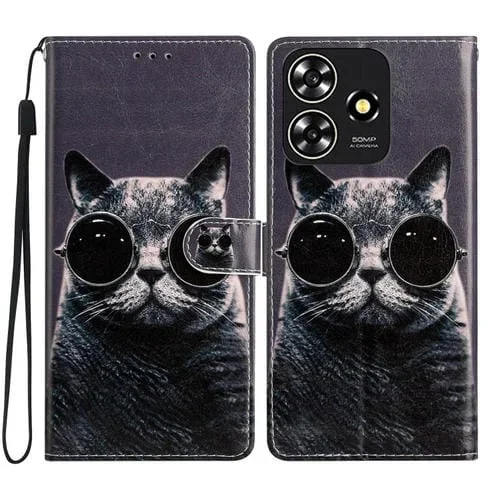 Funda de Cuero para ZTE Blade A73 4G con Dibujo Coloreado Gato de Gafas de Sol