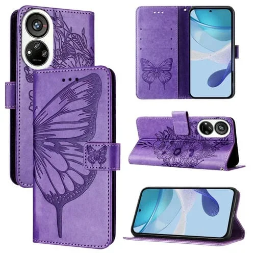 Funda de Cuero para ZTE Blade V40S con Diseño de Mariposa En Relieve (Morado)
