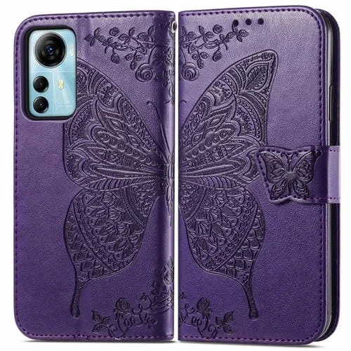 Funda de Cuero para ZTE Blade V41 Smart con Relieve Butterfly Love Flower (Púrpura Oscuro)