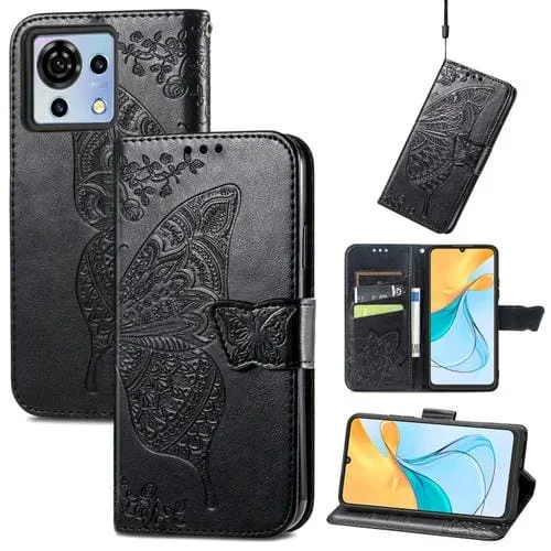 Funda de Cuero para ZTE Blade V50 Vita Butterfly Love Flower en Relieve (Negro)