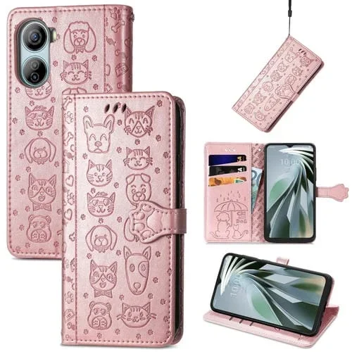 Funda de Cuero para ZTE Libero 5G Iv con Relieve Perros y Gatos (Oro Rosa)