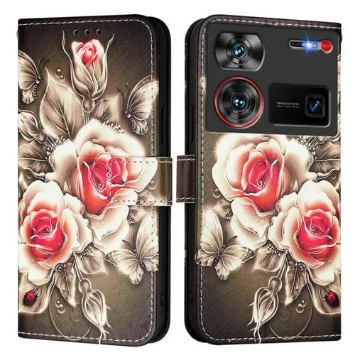 Funda de Cuero para ZTE Nubia Z60 Ultra con Diseño de Dibujos (Rosas Sobre Negro)