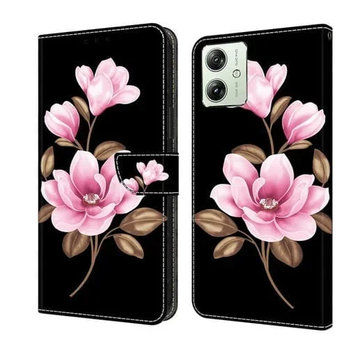 Funda de Cuero Pintada a Mano Motorola Moto G54 (Flores Negras)