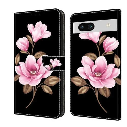 Funda de Cuero Pintada a Mano para Google Pixel 7A con Diseño Flores Negras