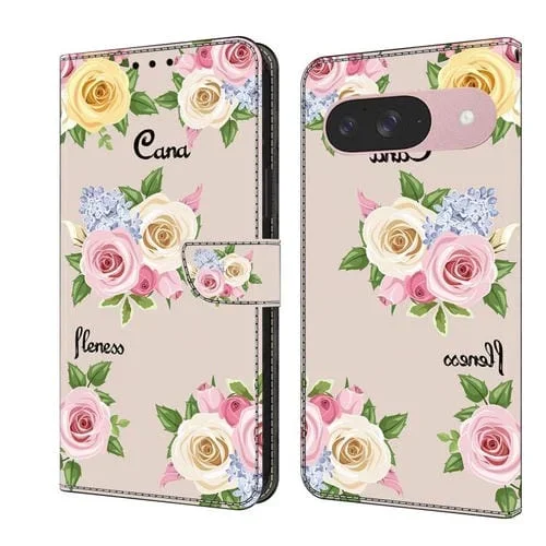 Funda de Cuero Pintada a Mano para Google Pixel 9 y 9 Pro (Flores de Colores)