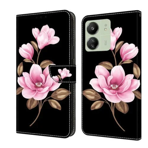 Funda de Cuero Pintada a Mano para Redmi 13C (Flores Negras)