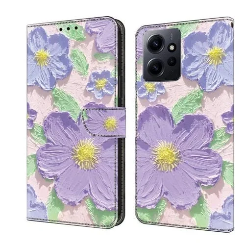 Funda de Cuero Pintada a Mano para Redmi Note 12 4G Global Fresh Painted Phone Case (Pintura al Óleo con Flores Moradas)
