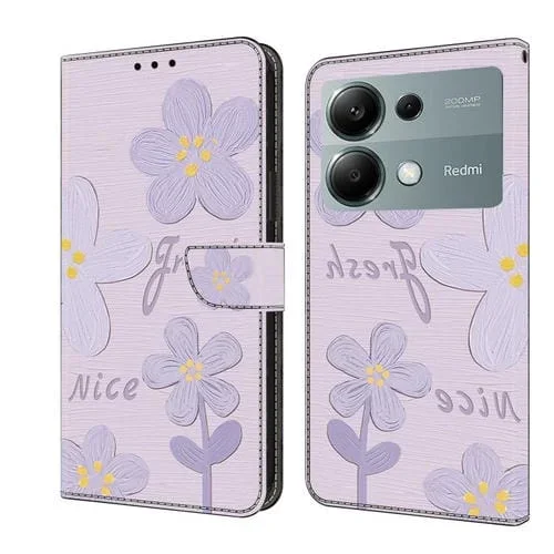 Funda de Cuero Pintada a Mano para Redmi Note 13 Pro 4G (Flores de Color Morado Oscuro)
