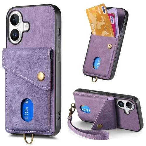 Funda de Cuero Plegable Tipo Billetera con Correa para iPhone 16 Plus (Morado)