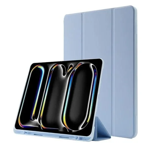 Funda de Cuero Plegable Triple para iPad Pro 11 (2024) con Ranura para Bolígrafo (Azul Claro)