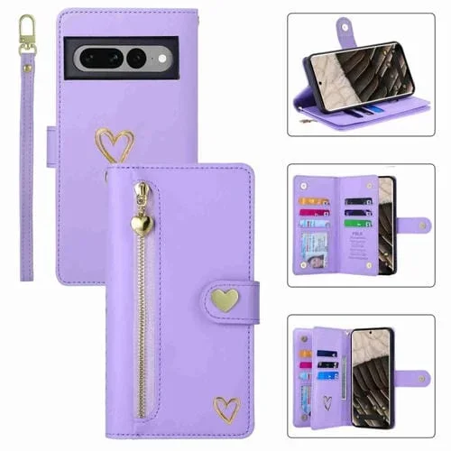 Funda de Cuero Pola Love para Google Pixel 7 Pro con Cremallera y Ranuras para Tarjetas (Morado)