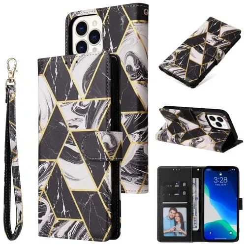 Funda de Cuero PU para iPhone 13 Pro Marble Bronzing Stitching Horizontal Flip con Soporte y Ranuras para Tarjetas (Negro)