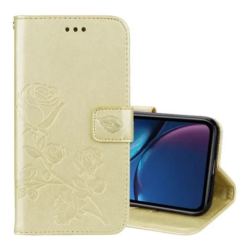Funda de Cuero Pu para iPhone Xr con Tapa Horizontal En Relieve, Soporte y Ranuras para Tarjetas y Billetera (Dorado)