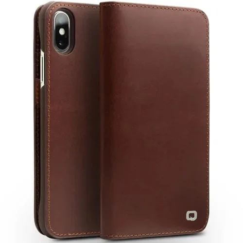 Funda de Cuero Qialino Crazy Horse para iPhone X Xs con Tapa Horizontal Soporte y Ranuras para Tarjetas (Marrón)