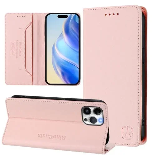 Funda de Cuero Rc01 con Doble Pliegue y Succión Magnética para iPhone 12 Pro Max (Rosa)