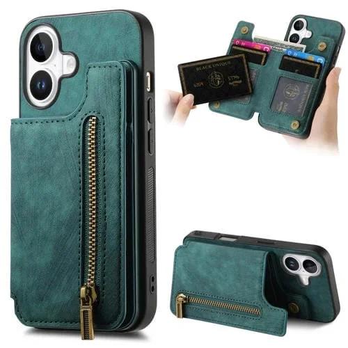 Funda de Cuero Retro con Cremallera para iPhone 16 Plus (Verde)