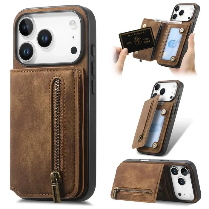 Funda de cuero retro con cremallera para iPhone 17 Pro (marrón)
