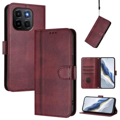 Funda de cuero retro con hebilla y empalme de línea para Honor X6c 4G (rojo vino)