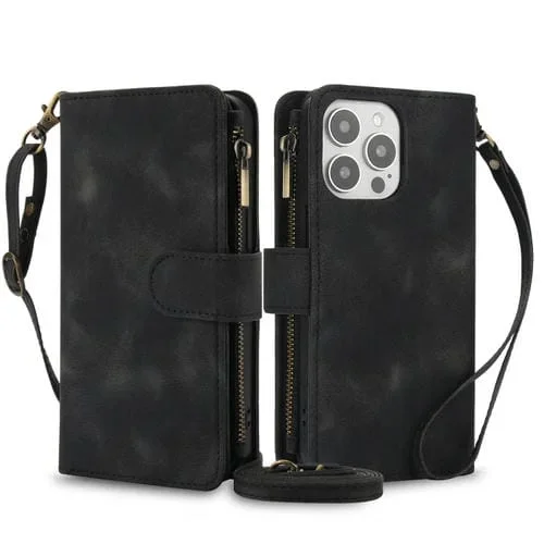 Funda de Cuero Rfid con Cremallera para iPhone 16 Pro Max Dream con 9 Tarjetas y Cordón (Negro)