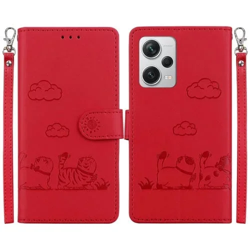 Funda de Cuero Rfid con Diseño de Gatos Lindos para Redmi Note 12 Pro+ (Roja)