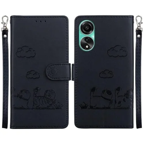 Funda de Cuero Rfid con Diseño de Gatos para Oppo A78 4G (Negra)